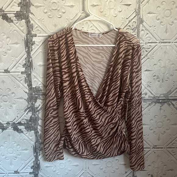89th & Madison Tops - 89th & Madison Zebra Print Drape mesh Top